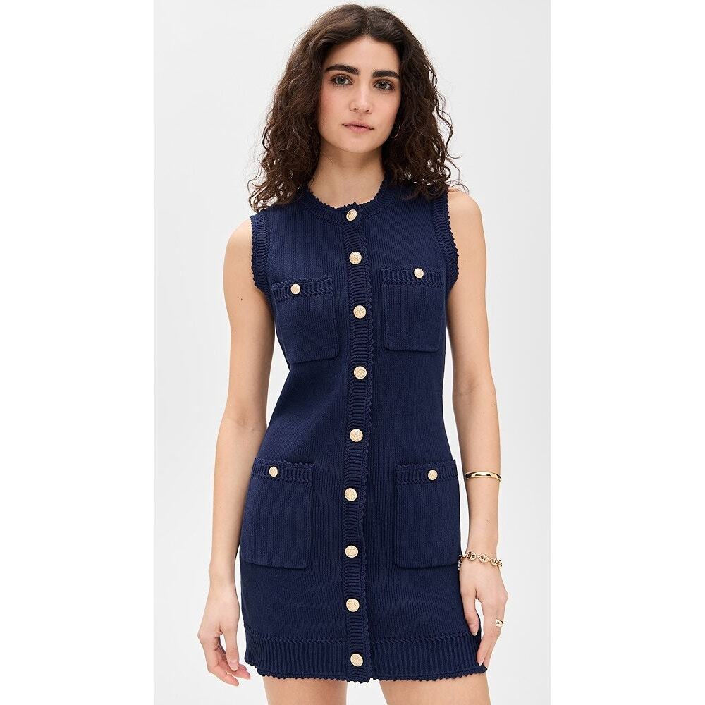 NEW Reformation Catalina Rib Cotton Faux Gold-Tone Button Mini Dress Navy Large - Picture 4 of 13
